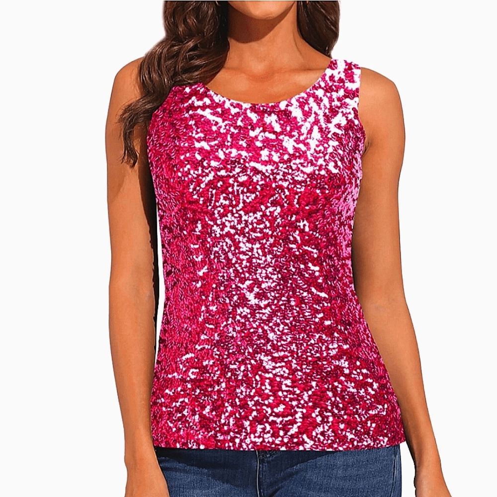 Hot Pink Sequin Round Neck Tank Disco Festival Party Retro Summer Vacation Gift